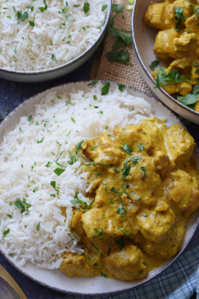 Spicy chicken masala with rice.