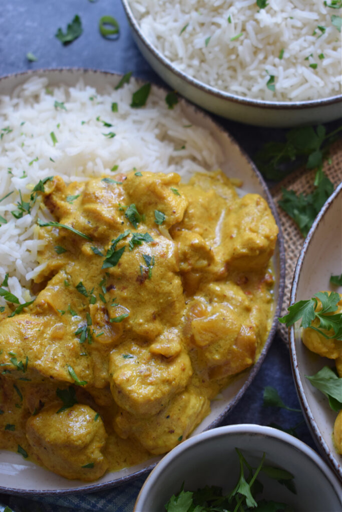 Close up of chicken masala with rice.