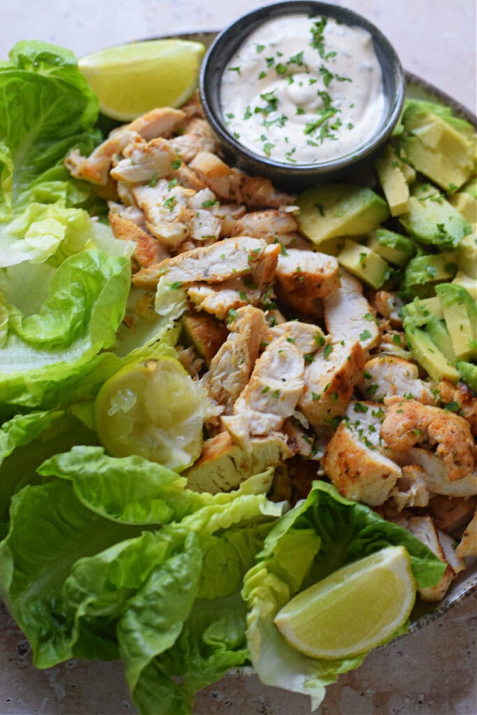 Chicken avocado lettuce wraps.