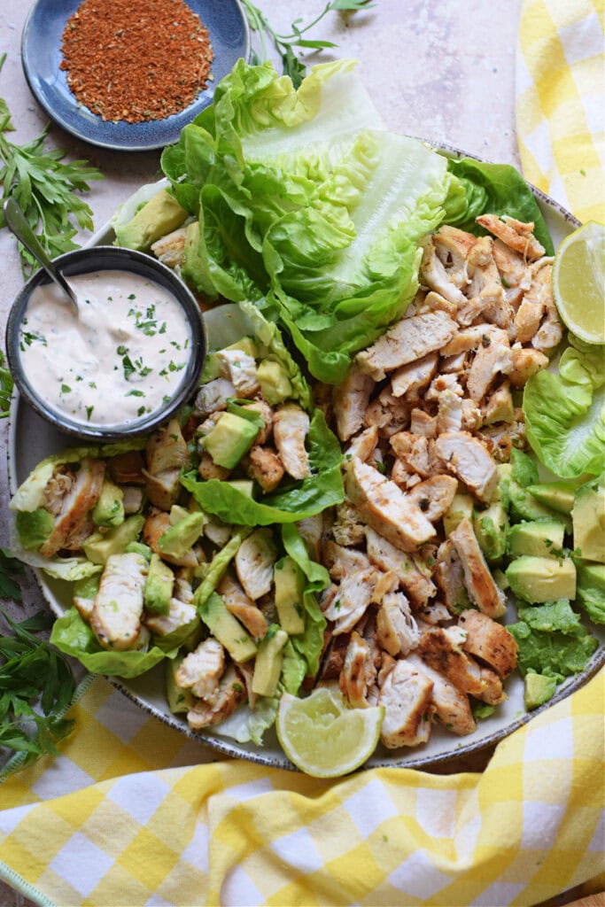Chicken lettuce wraps on a platter.