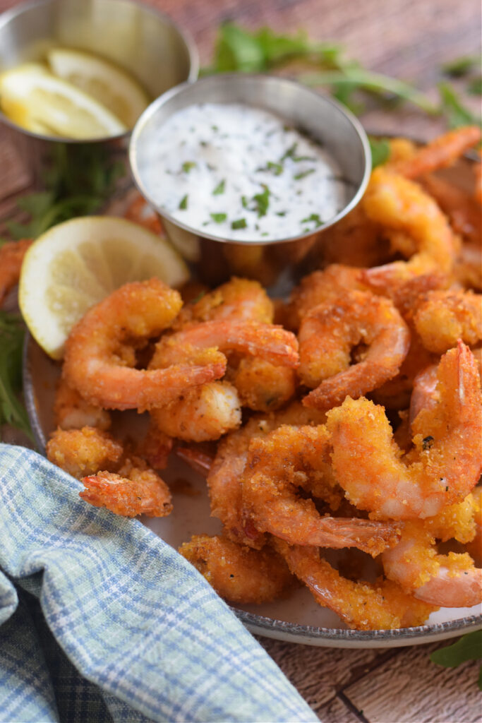 Close up of shrimp with a dip.