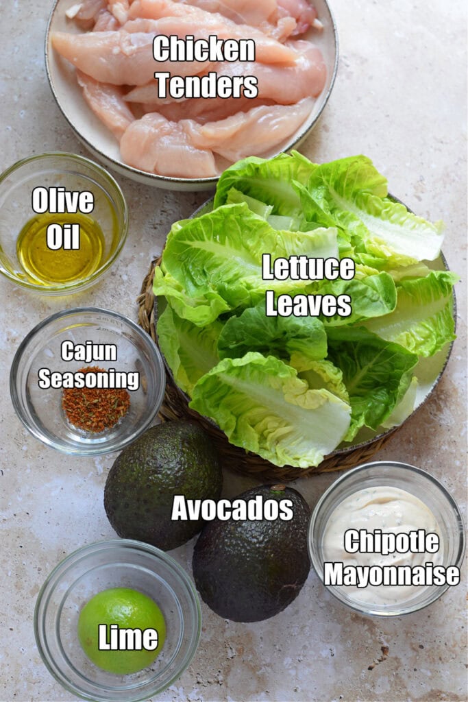 Ingredients to make chicken lettuce wraps with avocado.
