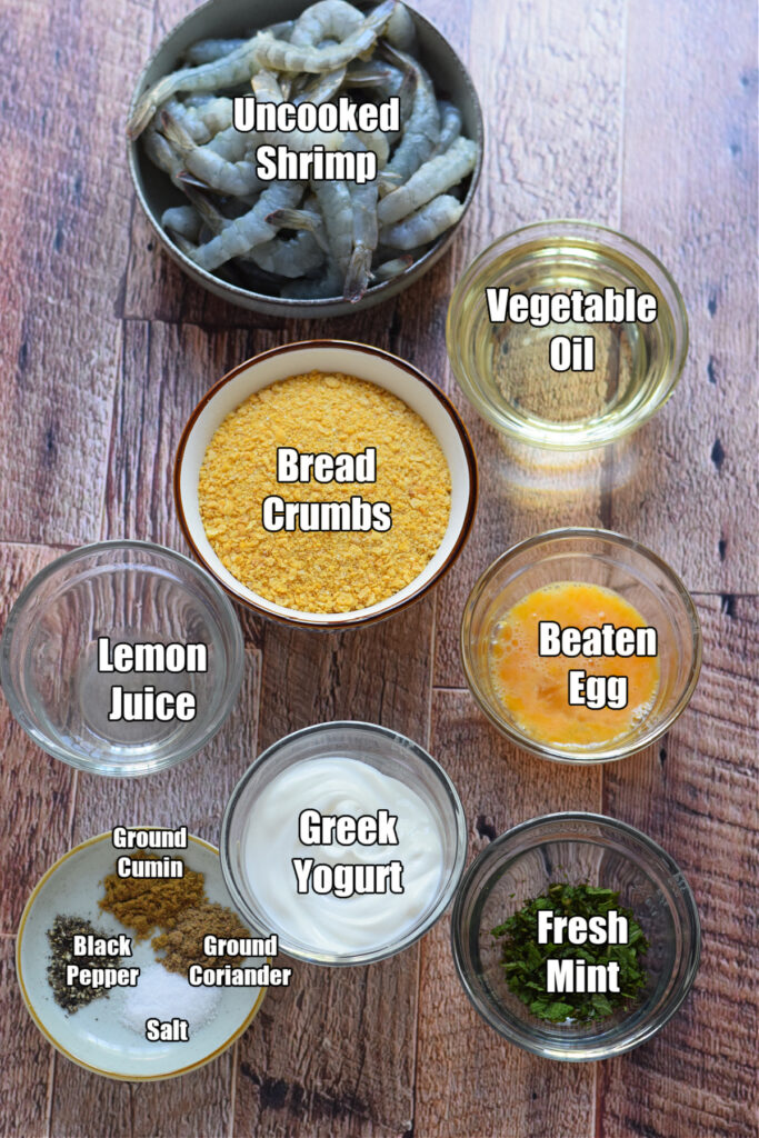 Ingredients to make crispy fried shrimp.