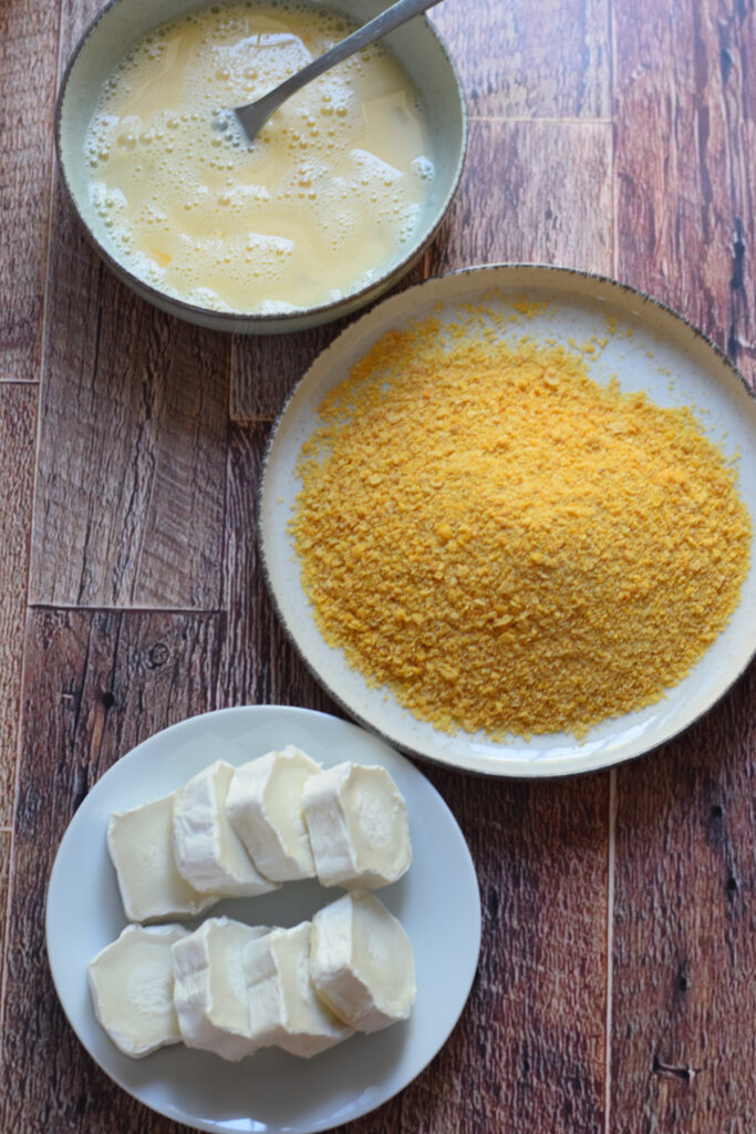 Ingredients to make fried goat cheese.