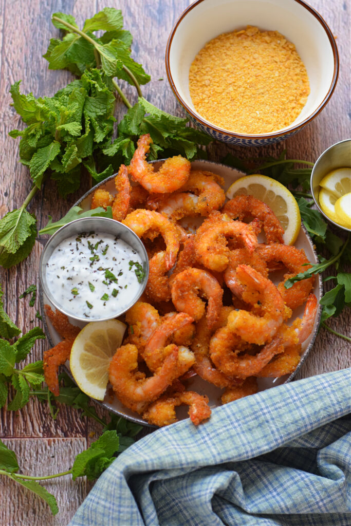 Crispy fried shrimp with a dip.