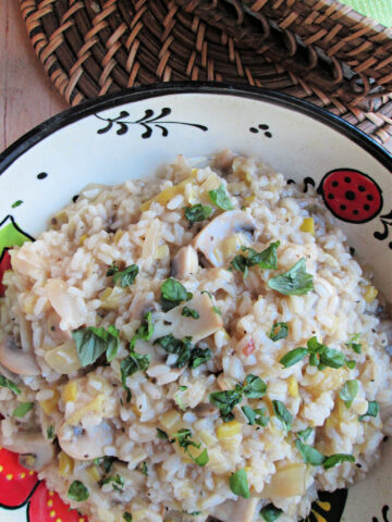 Mushroom and Leek Risotto in a bowl
