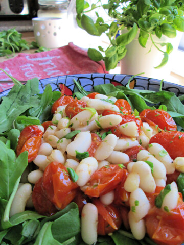 close up of the roasted cherry tomato and cannelloni bean salad
