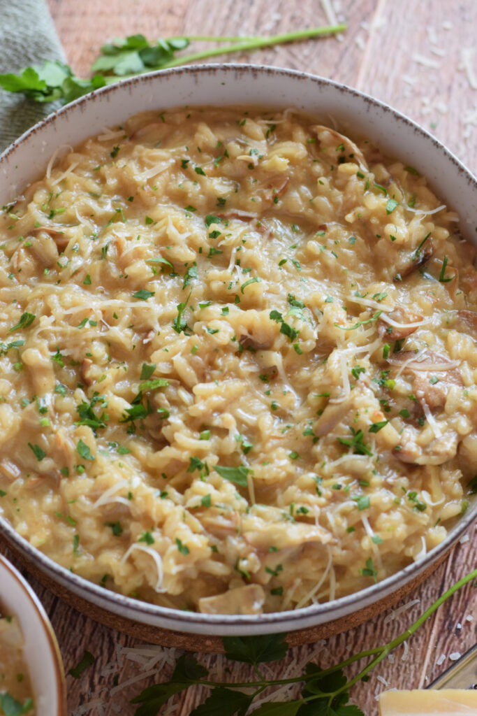 Leek and mushroom risotto in a bowl.