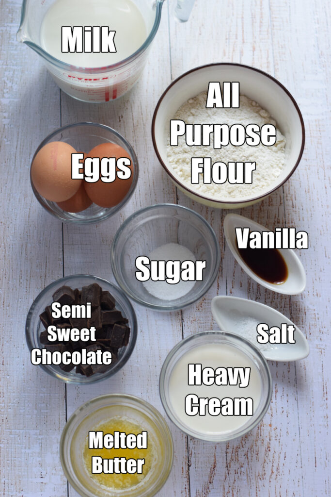 Ingredients to make chocolate dessert crepes.