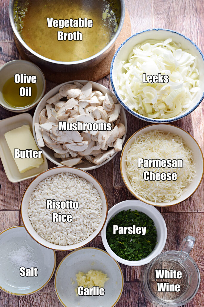 Ingredients to make mushroom and leek risotto.