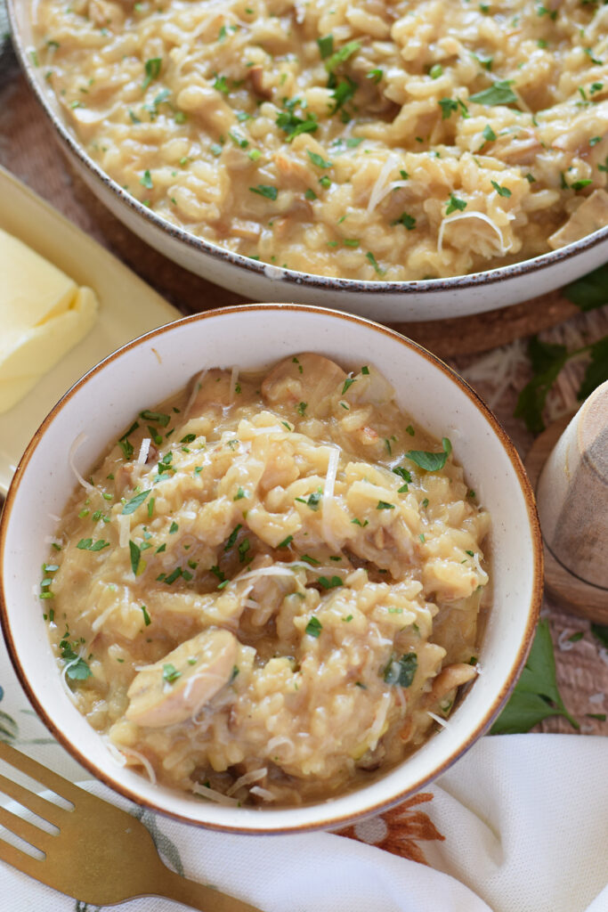 Mushroom and leek risotto a serving bowl.