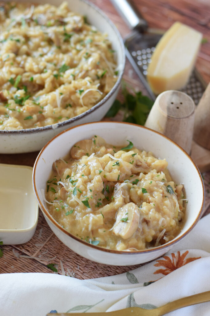 Mushroom and leek risotto in a serving dish.