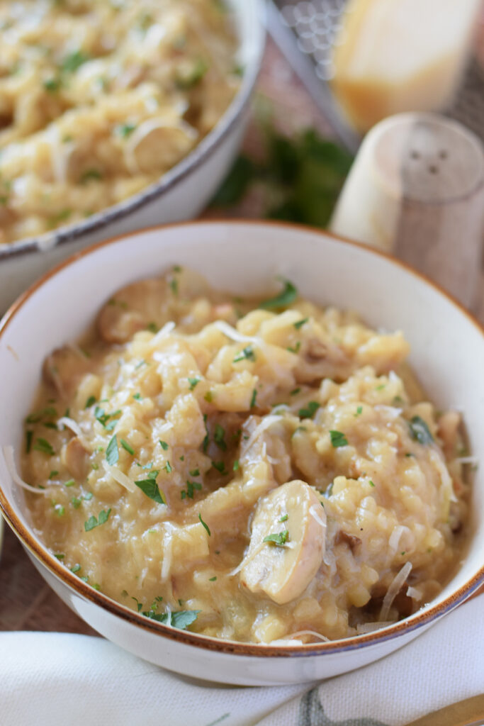 Mushroom and leek risotto in a small serving dish.