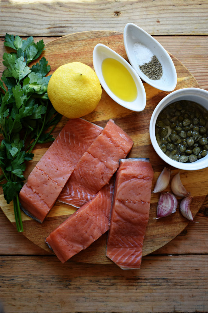 OVER HEAD VIEW OF INGREDIENTS TO MAKE A SALMON DISH