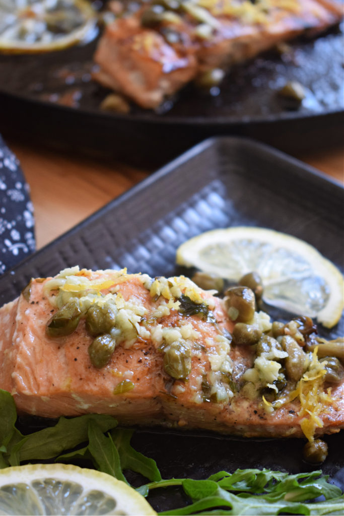 CLOSE UP OF THE ZESTY PAN SEARED SALMON