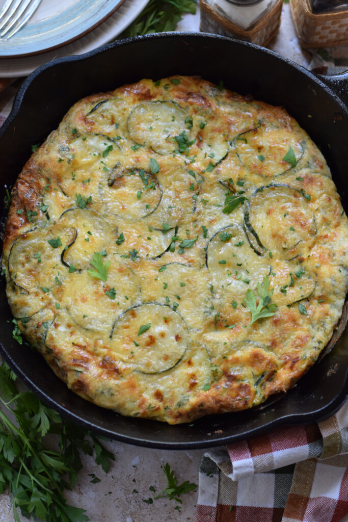 Frittata in a cast iron skillet.