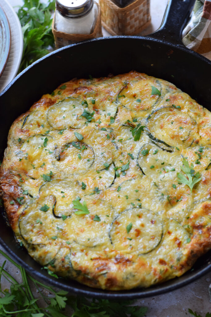 Close up of a zucchini parmesan frittata.