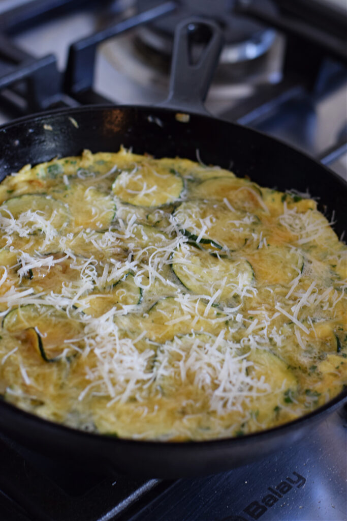 Cooking a frittata in a skillet.