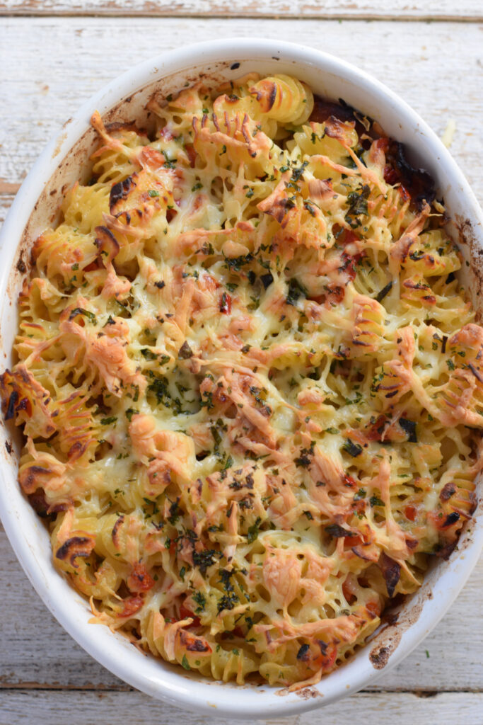 Baked pasta dish in a casserole dish.