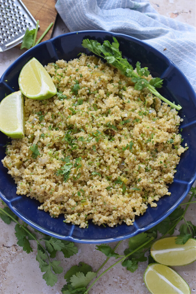 Quinoa with lime in a blue bowl.