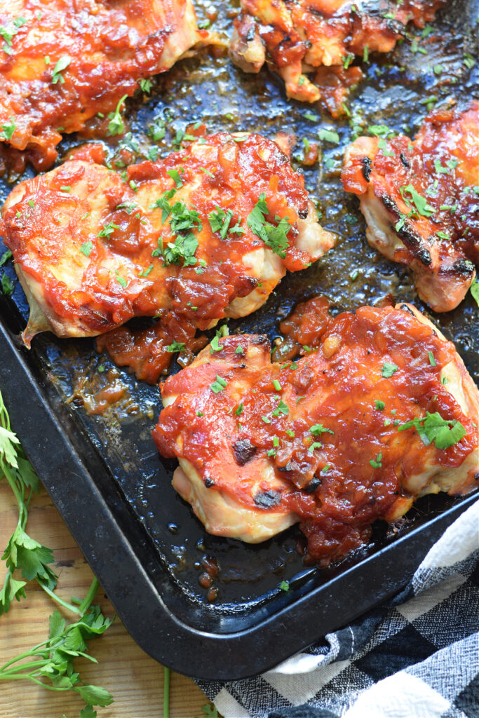 Oven barbecue chicken thighs.