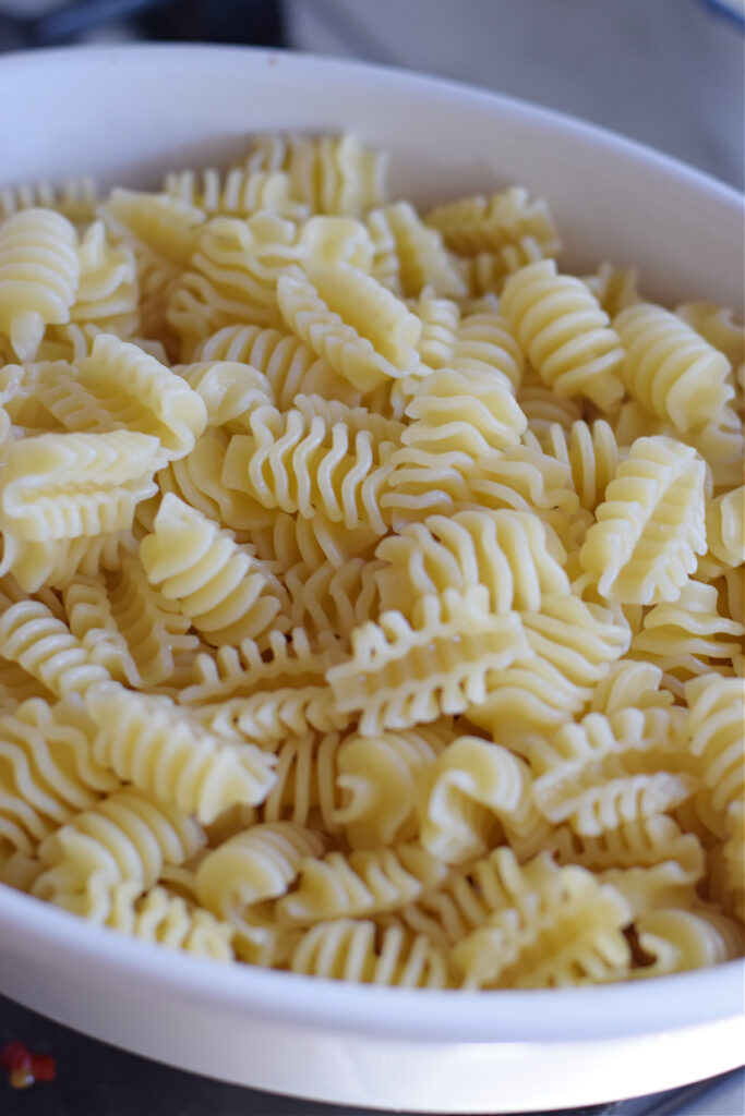 Pasta in a white casserole dish.