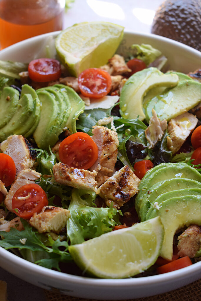 Close up of a Chicken and avocado salad.