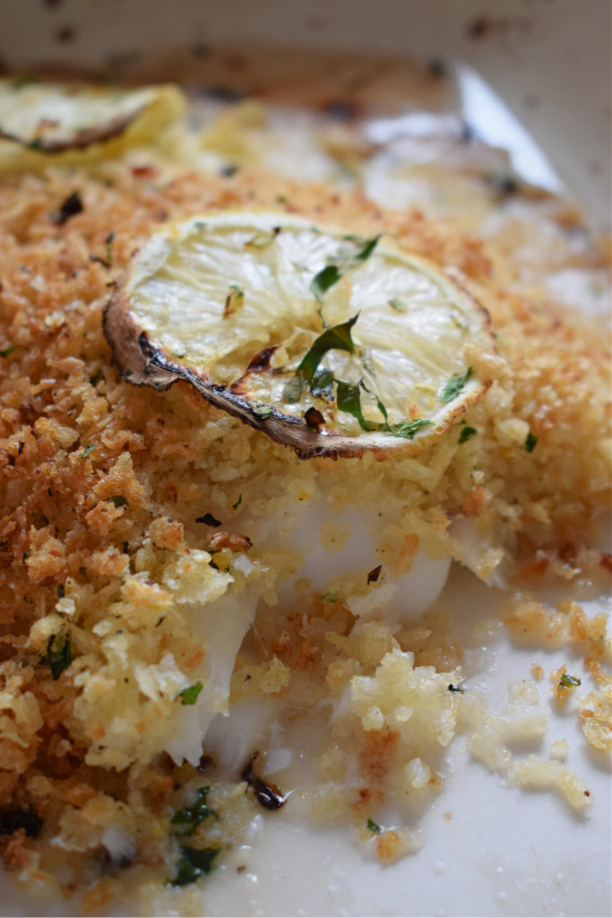 close up of lemon crusted baked cod