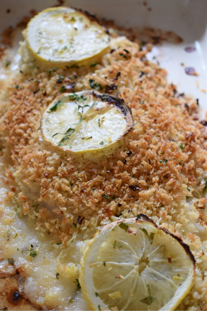 Lemon cod in a baking dish
