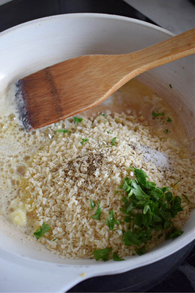 frying bread crumbs in butter with herbs