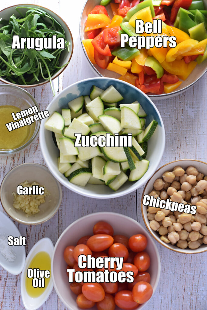 Ingredients to make the warm mediterranean salad.