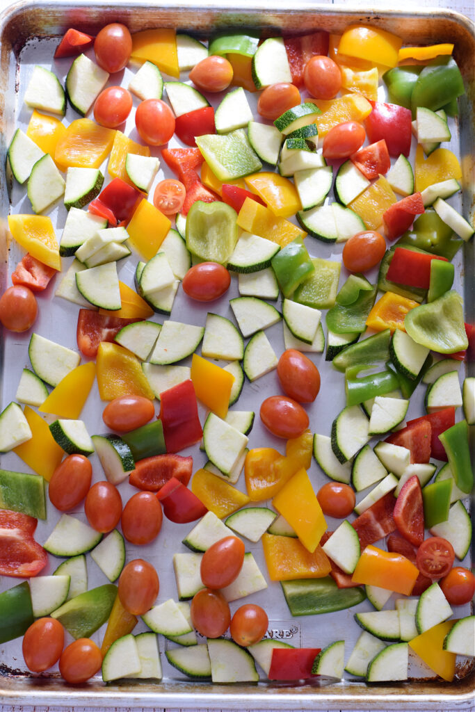 Vegetables on a baking sheet.