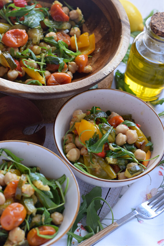 Mediterranean salad in white bowls.