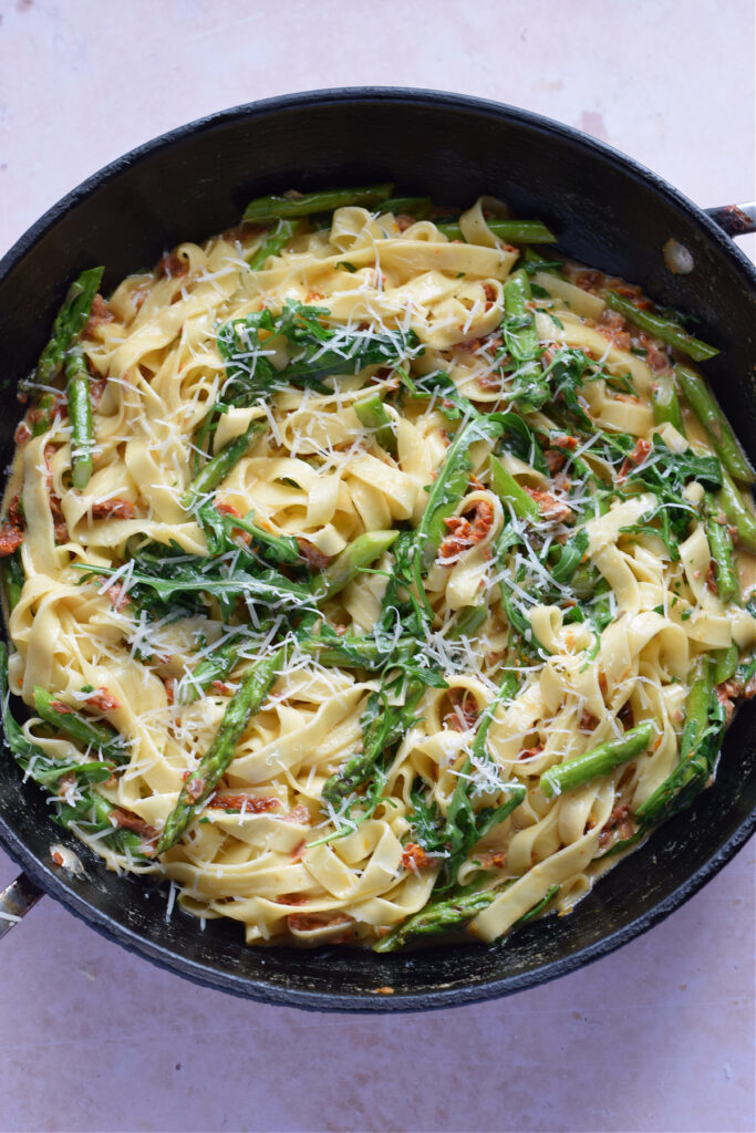 Sun dried tomato and asparagus tagliatelle.