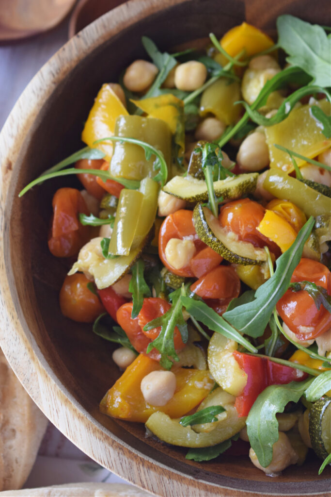 Close up of a warm mediterranean salad.