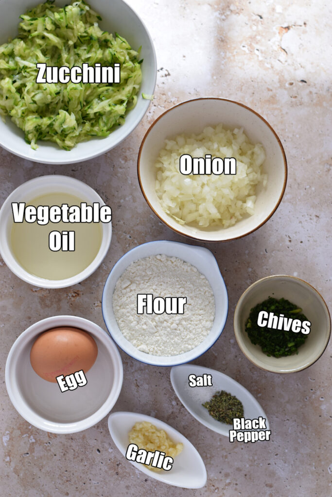 Ingredients to make  zucchini fritters.