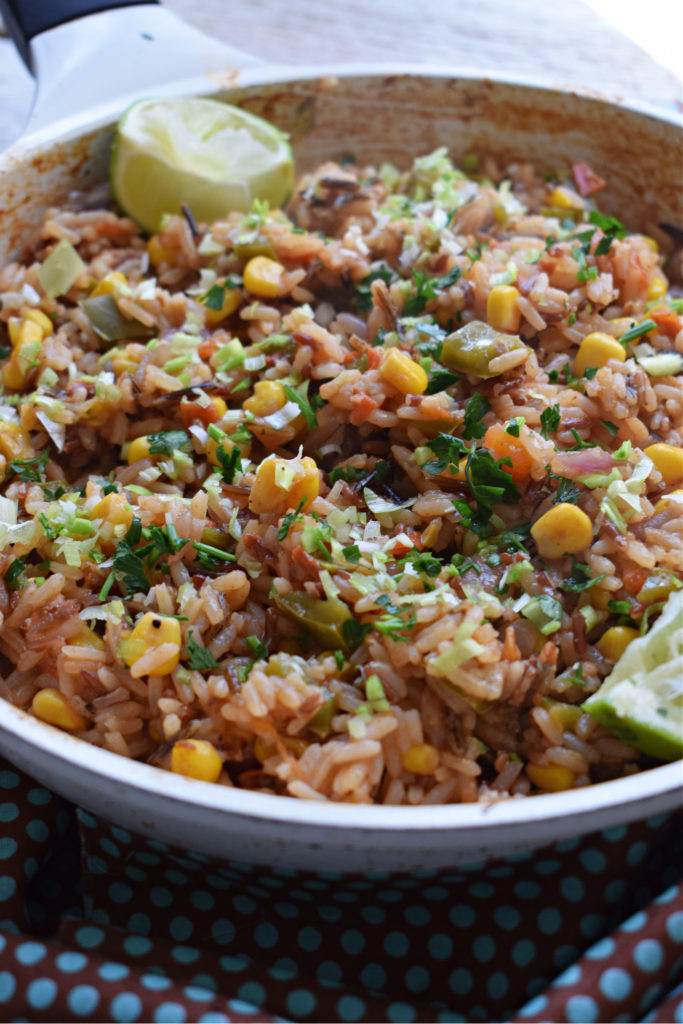 Mexican Rice in a white skillet