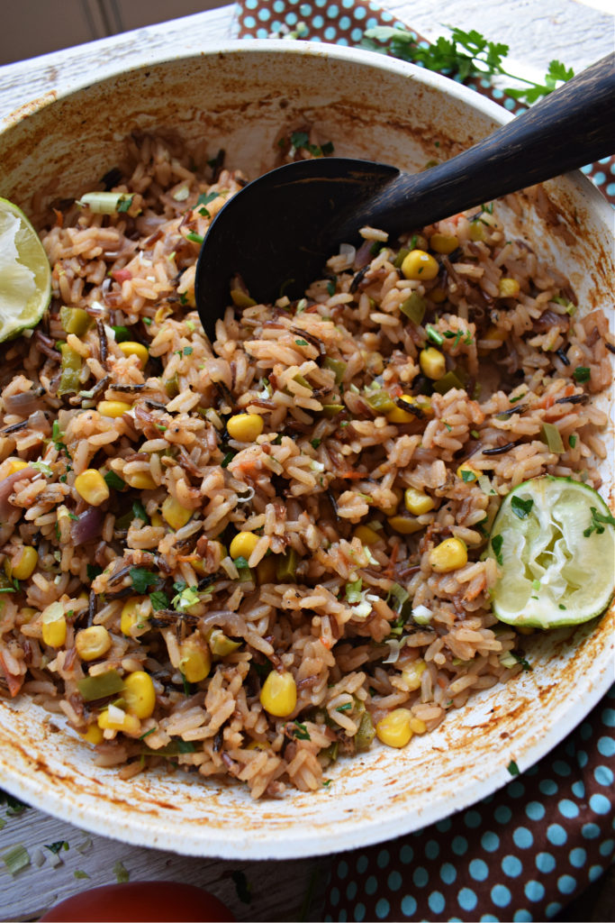 Mexican Style Rice fluffed in a skillet