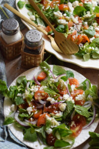 Tomato salad with mint and feta cheese.