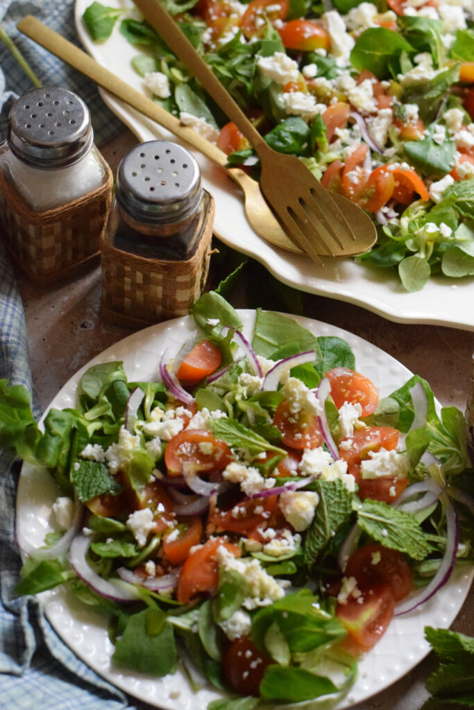 Tomato salad with mint and feta cheese.