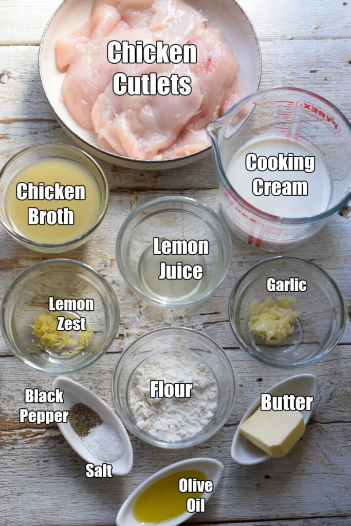 Ingredients to make lemon cream chicken.