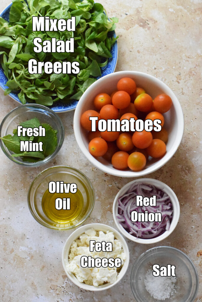 Ingredients to make tomato feta and mint salad.