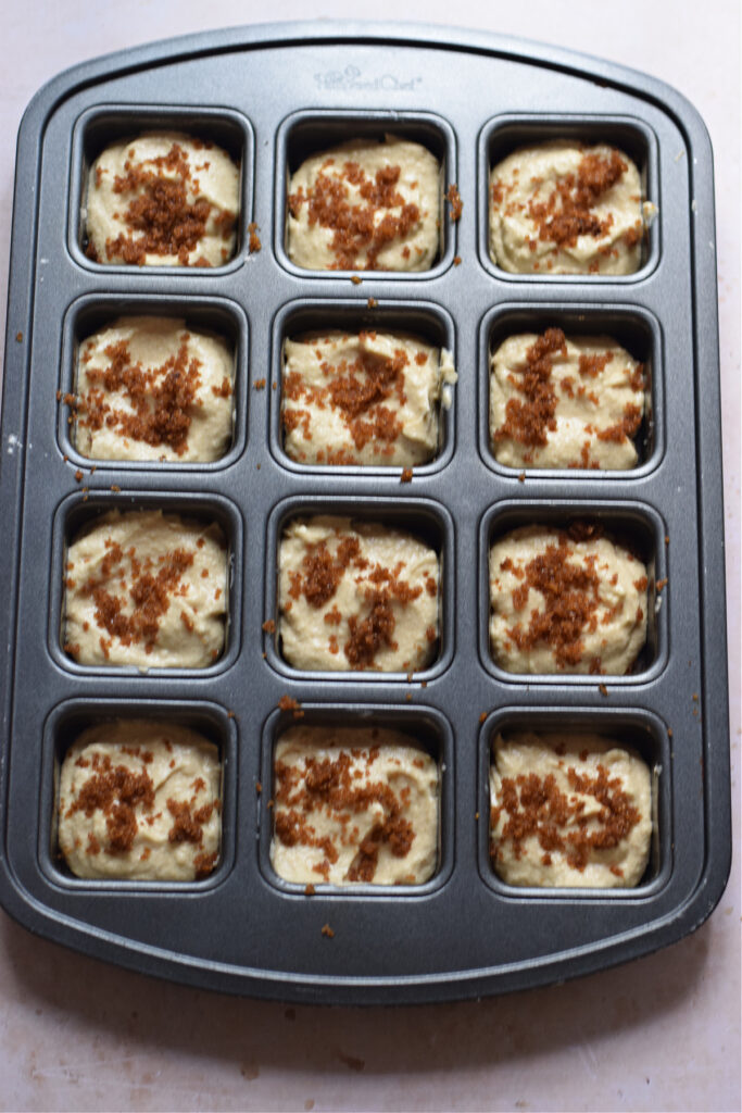 Cinnamon topped cake squares ready to bake.