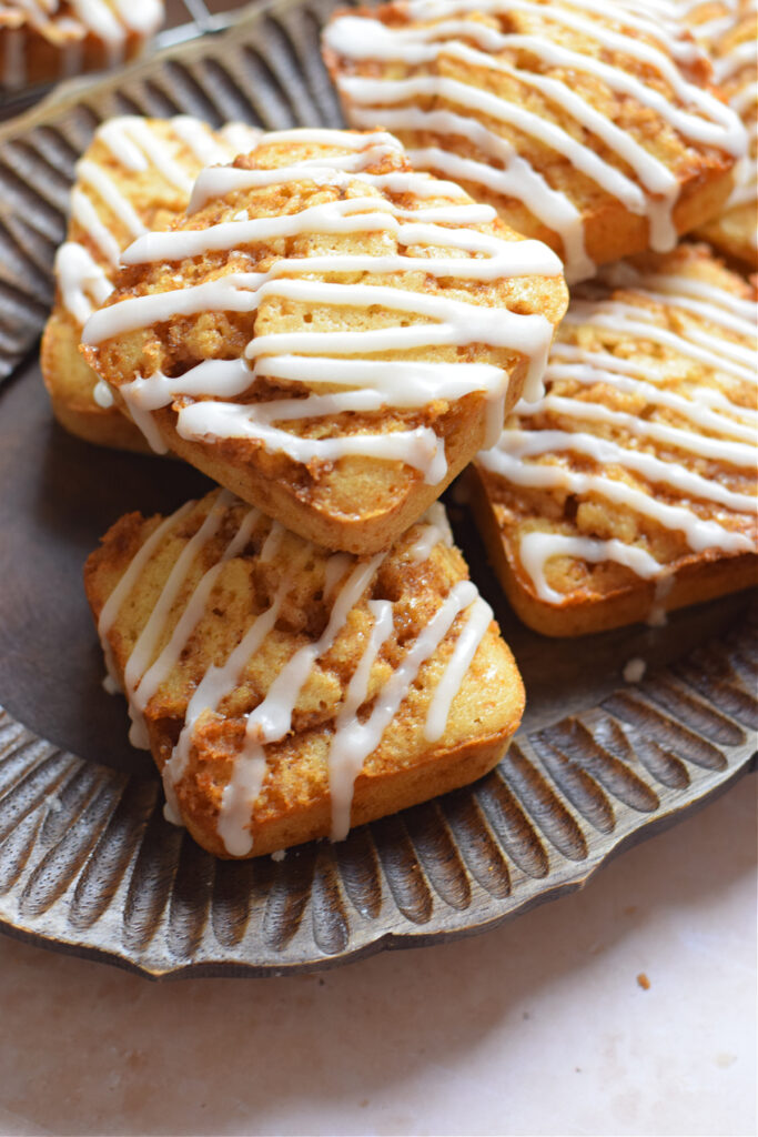 Close up of cinnamon cake squares.