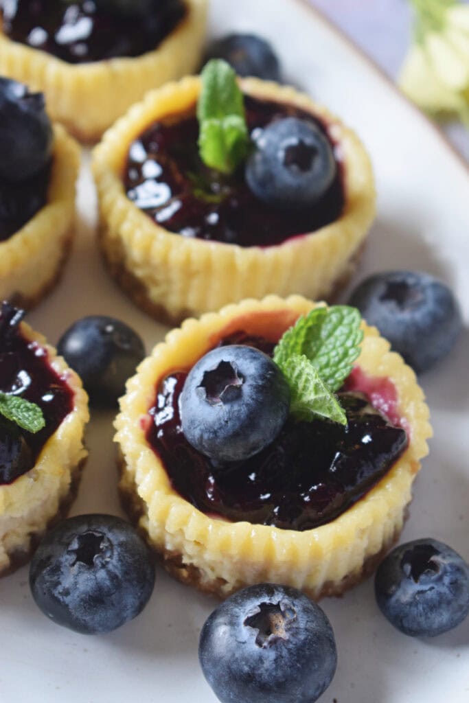 Close up of mini blueberry cheesecakes.