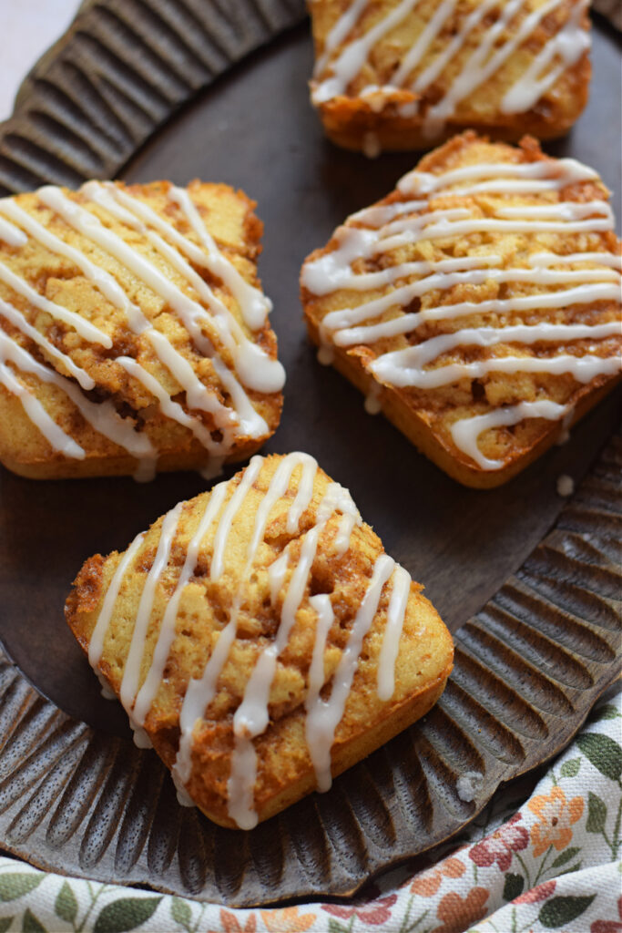 Close up of cinnamon spice cake squares.