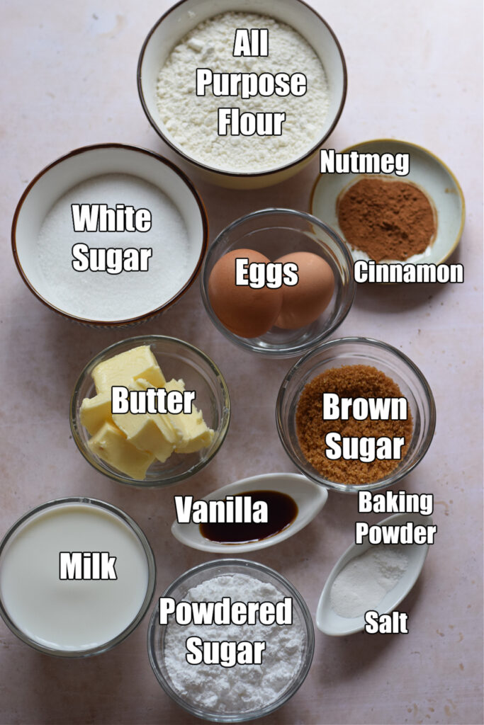 Ingredients to make cinnamon spice cake squares.