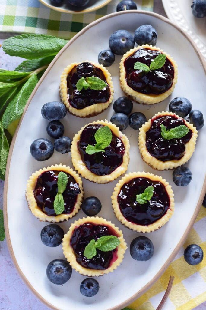 Mini blueberry cheesecakes on a white oval plate.