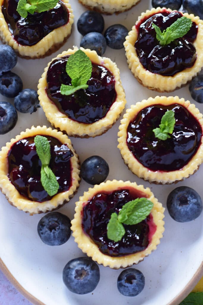 Close up of mini blueberry cheesecakes.