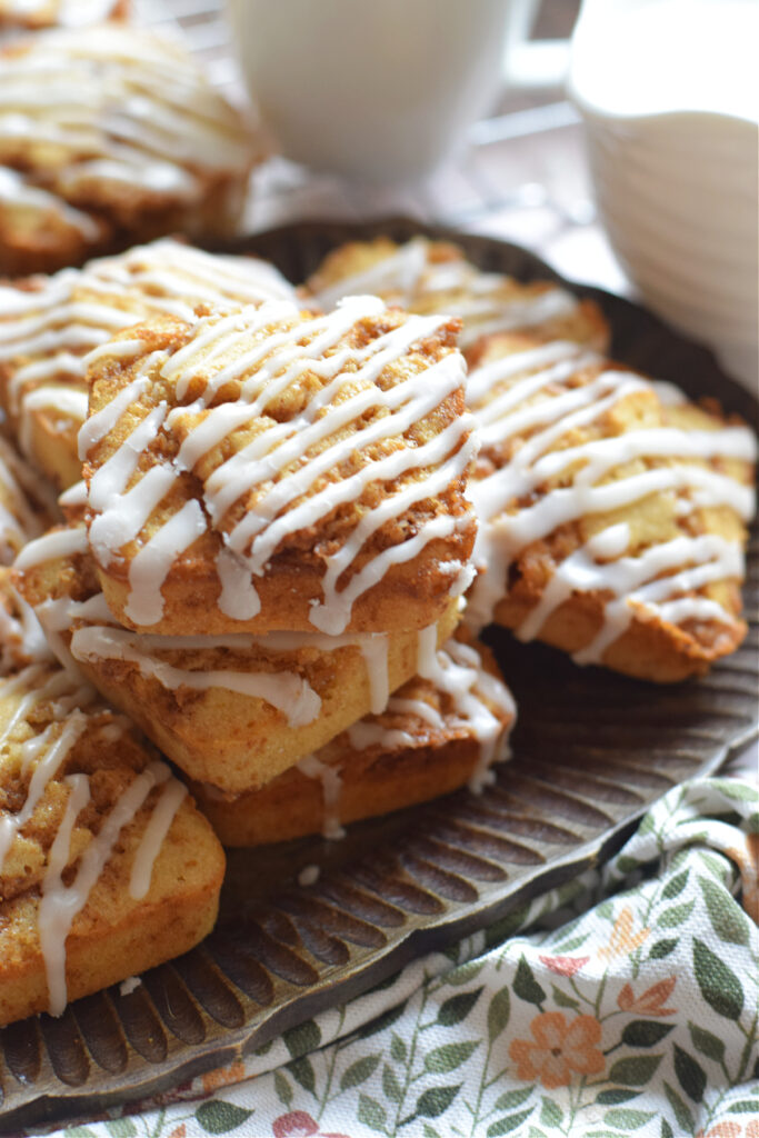 Close up of cinnamon cake squares.